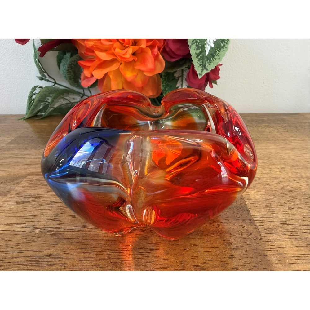 Vintage Murano‎ Art Glass Ashtray Bowl Red Blue Amber Swirl MCM Decor Retro
